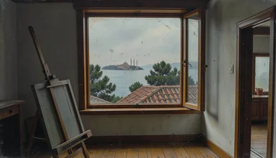 Oil painting of an interior, muted palette, the tradition of Northern European i