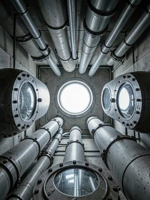 Looking up through an exposed infrastructure shaft — pipes, ducts, and bolt flan