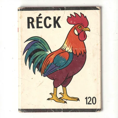 Czech matchbox label illustration, a rooster in three-color graphic style , vint