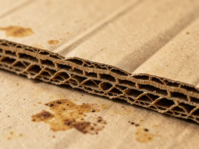 Corrugated cardboard torn edge cross-section, sinusoidal fluting structure visib