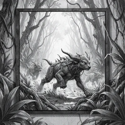 Charcoal previs frame of a creature pack chasing through an alien jungle, motion