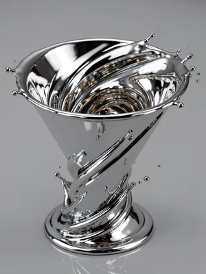 Chrome tornado vortex, funnel shape of liquid metal with entire environment visi