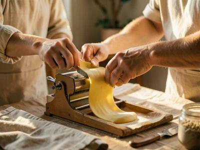 Hands pulling fresh pasta sheets through a hand-crank pasta machine