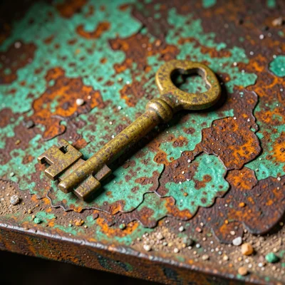 Brass skeleton key with age patina, sitting on dusty shelf
