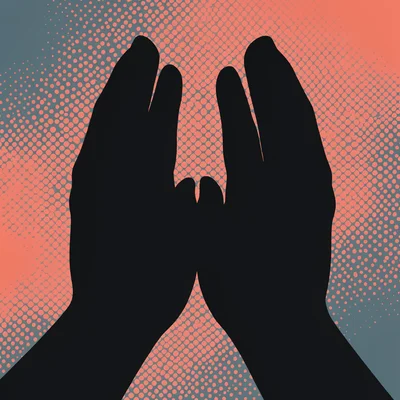 graphic bold pair of folded-hands silhouette with halftone field behind in coral