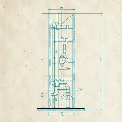 Blueprint-style elevation of a residential plumbing riser with hot, cold and DWV