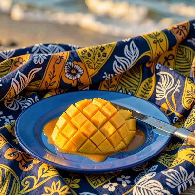 Saturated textile-rich photograph, Fresh mango slices on blue enamel plate, knif
