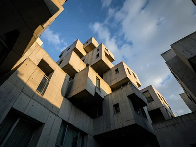 The Habitat 67 stacked cubes in Montreal, each unit offset from the one below, w