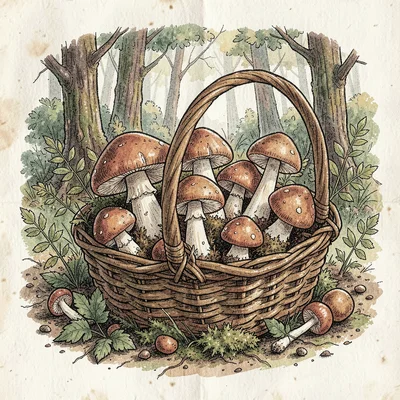 Artisan food packaging illustration, Wild mushrooms in forest floor basket , far