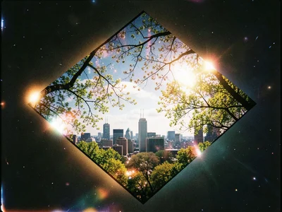City skyline merged with spring forest canopy, geometric framing