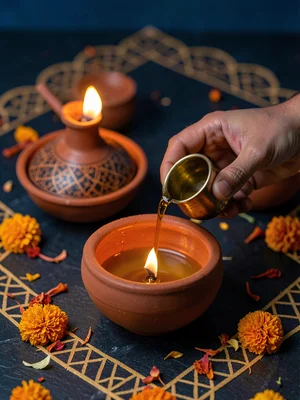 Pouring Oil into Diya from Brass Vessel