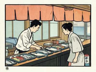 A sushi counter from the side, the chef and customer in profile, fish displayed 