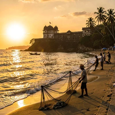 Galle fort golden hour, Dutch colonial tropical, Fishermen pulling net on beach 