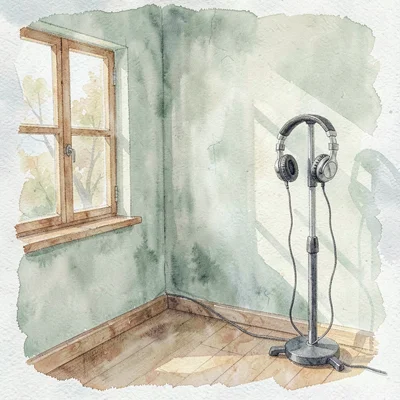 Atmospheric watercolor of a small audiology booth interior with a pair of headph