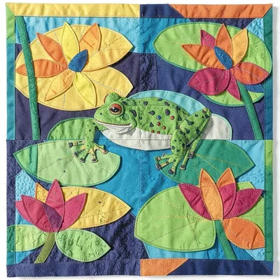 Panamanian mola textile illustration, a frog on lily pads in water layers , reve