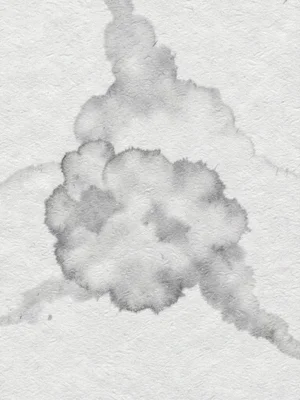 A faint abstract ink bloom dispersing across newsprint blank as soft grey cloud 