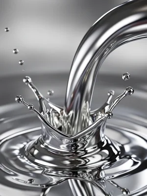 Viscous metallic fluid pouring in thick rope, heavy silver stream with slow-moti
