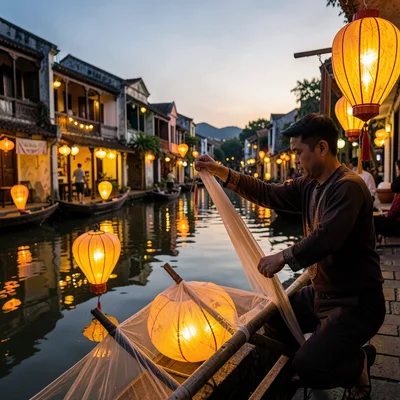 Hoi An lantern glow, silk amber on water, lantern maker stretching silk over fra
