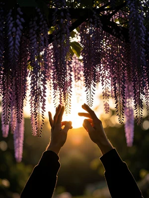 Hands reaching up silhouette filled with hanging wisteria vines, purple cascade,
