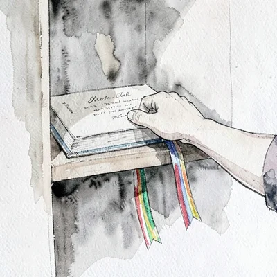 Illustration of a hand reaching for a book on a shelf, rainbow ribbon bookmarks 