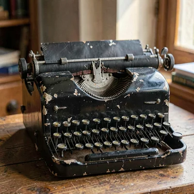 Worn-material study of a heavy black typewriter with chipped enamel showing bare