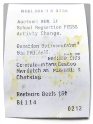 Receipt printout of school registration fees, activity charges, fading text