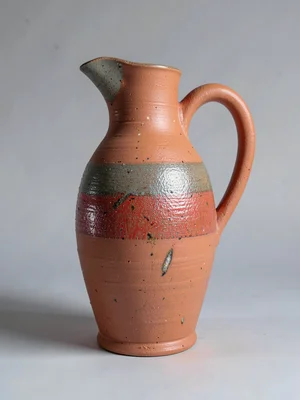 A tall pitcher with a pulled handle, unglazed terracotta with red flashing