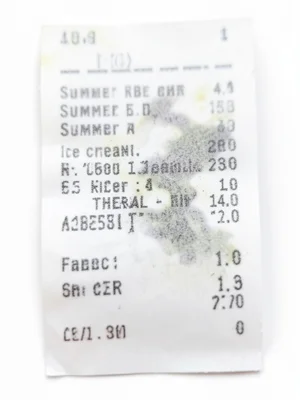Thermal receipt from beach snack bar, fading summer items listed, ice cream pric
