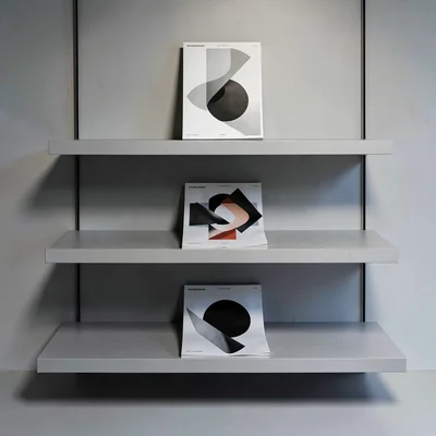Tiered shelf display of three abstract con-program zines stepping back into dept