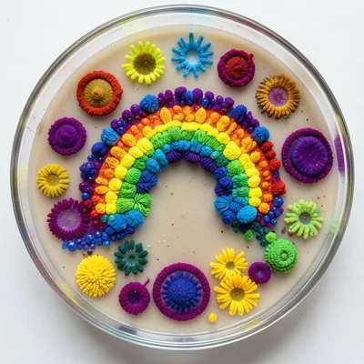 Agar art depicting rainbow using engineered fluorescent bacteria