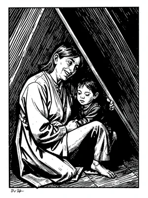 Mother and child huddled together under an angular shadow