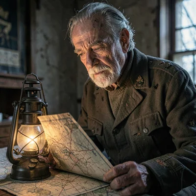 Cinematic narrative portrait of an old battle scarred general looking down at a 