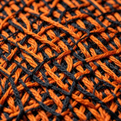 Hand-woven textile in orange and black, spider web pattern in weave
