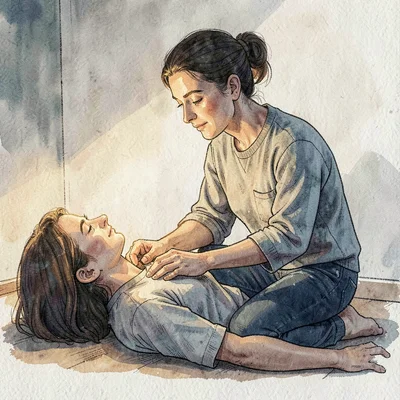Lamplit profile of a PT kneeling to adjust a patient's posture, eyes soft and fo
