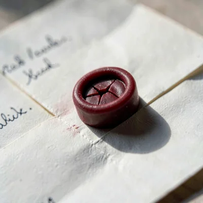 Mineral-cut macro of a cracked red wax seal on a folded letter, deep raking shad