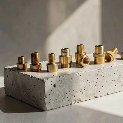 Sculptural lineup of XLR connectors and brass jacks on a chalky concrete plinth,