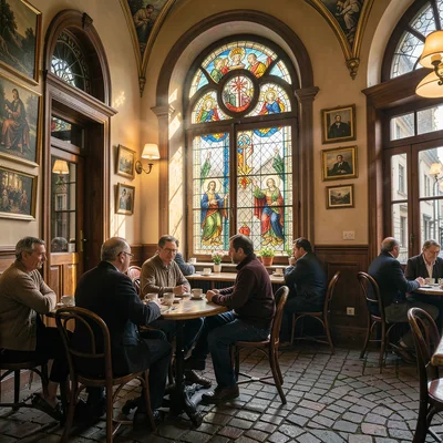 Habsburg café warmth surviving in Lviv, Ukraine, stained glass window light fall
