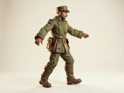 Mid-march in profile, the infantryman swings one wool-coated arm, brass pack-cla