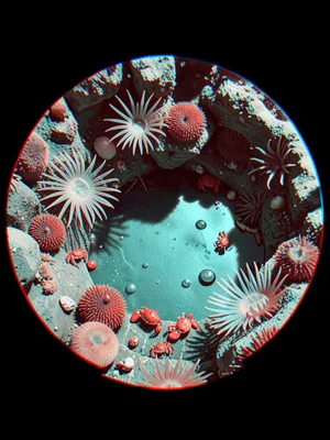 A tidal pool with sea anemones, urchins, and small crabs — the anaglyph depth re
