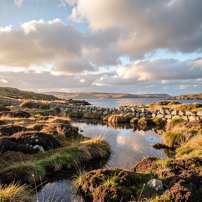Connemara bog light, Atlantic silver, Stone wall crossing moorland, cloud shadow