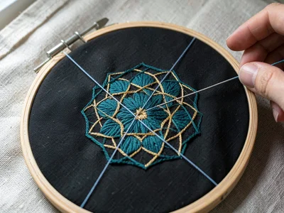 Geometric Mandala in Teal and Gold on Black Linen