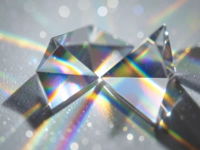 Overlapping rainbow caustic patterns from two prisms crossing on frosted glass s