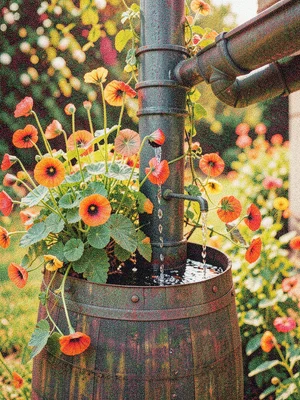A rain barrel collecting water from a gutter with nasturtiums growing up the dow
