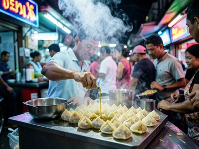 A pani puri vendor in Mumbai, the crisp shells lined up, tamarind water being po