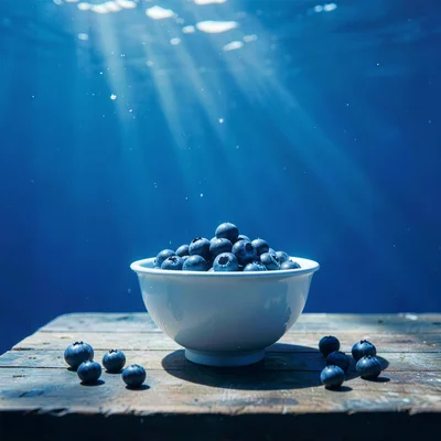 Deep oceanic blue saturation, light filtering through density, Blueberries in a 