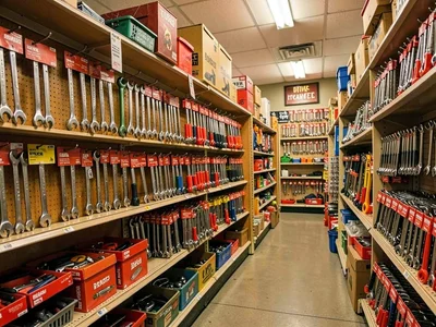 Hand tool aisle, wrenches sorted by type, the organized potential for fixing