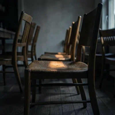 Moody charcoal of a row of teak dining chairs receding into shadow, soft pool of