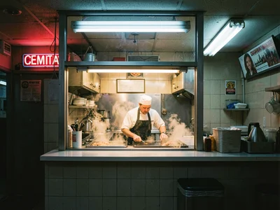Short-order cook through diner pass-through window