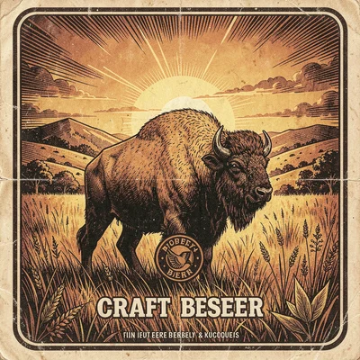 Craft beer label illustration, Bison on prairie with sunset , brewery label aest