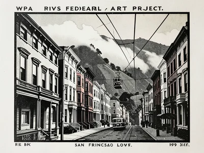 A row of Victorian rowhouses on a steep San Francisco street, a cable car ascend